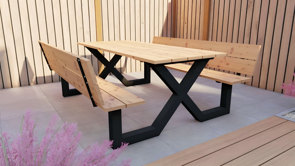 Conjunto de picnic con mesa y bancos de madera maciza y estructura de metal negro