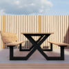 Conjunto de picnic con mesa y bancos de madera maciza y estructura de metal negro
