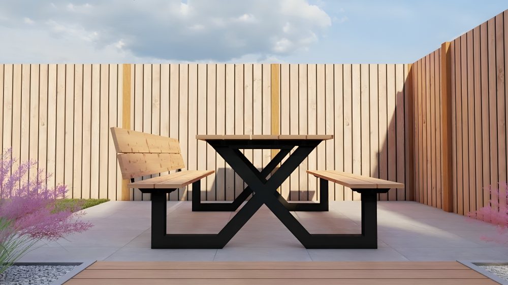 Conjunto de picnic con mesa y bancos de madera maciza y estructura de metal negro